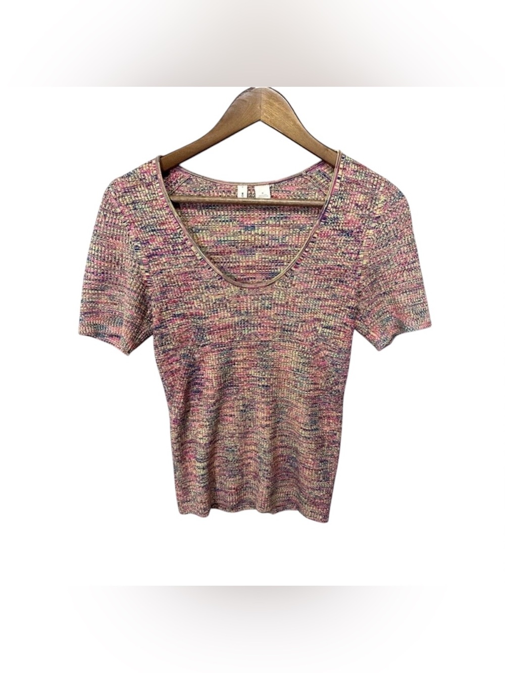 Anthropologie Moth Short Sleeve Scoop Neck Ribbed Sweater Top Medium Colorful
